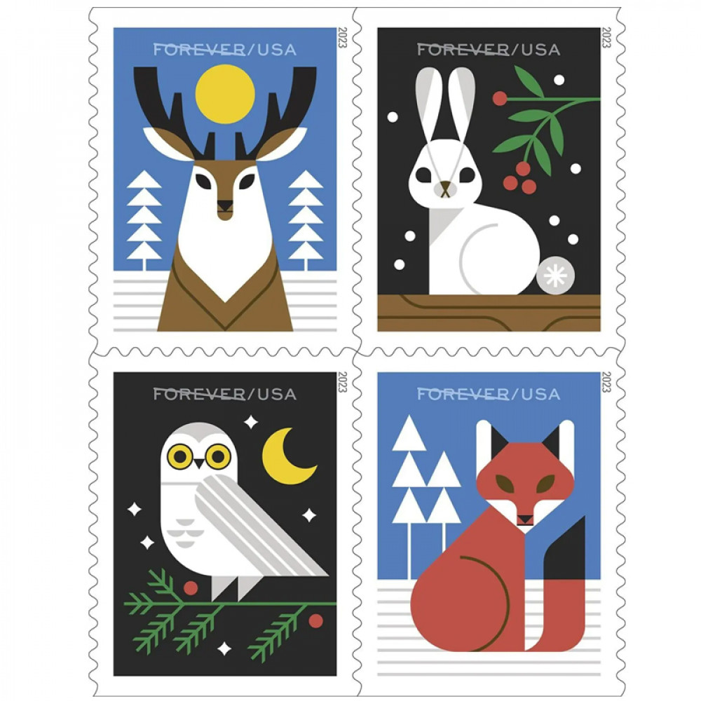 2023 Winter Woodland Animals Forever Postage Stamps (a Deer. Fox. Rabbit. and Owl